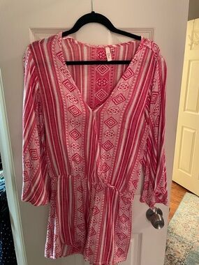 Elan Pink and White Striped Long Sleeve Romper